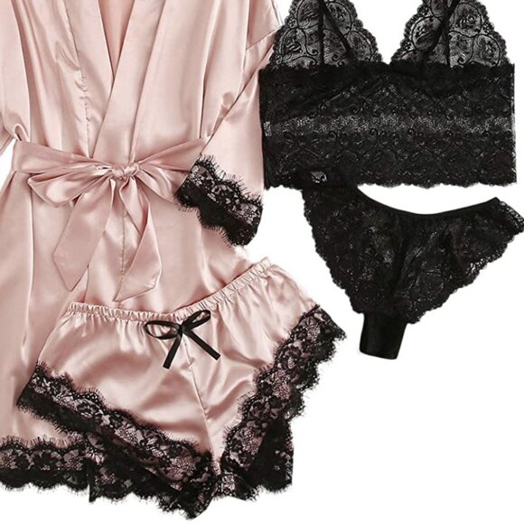 2/$30 4 Pc Set Pink Pajama Lace Trim Robe Shorts Bra and Panties Loungewear Pj - Picture 5 of 7